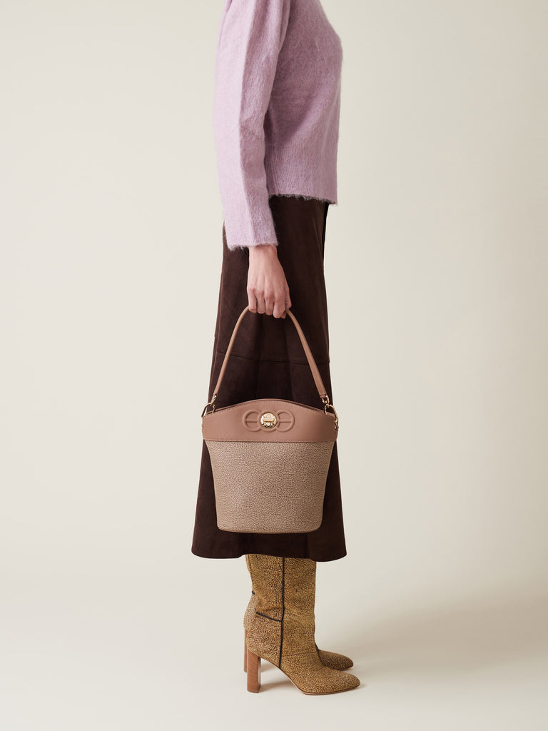 OP Coated Canvas and Leather Shoulder Bag - MOONLIGHT SMALL BUCKET BAG - Borbonese