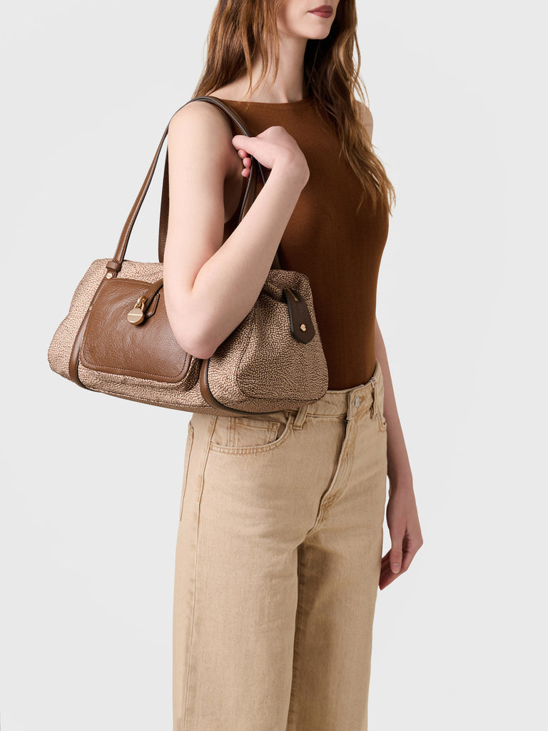 Op Recyled fabric and Leather Shoulder bag - POCHE BOWLER BAG MEDIUM - Borbonese