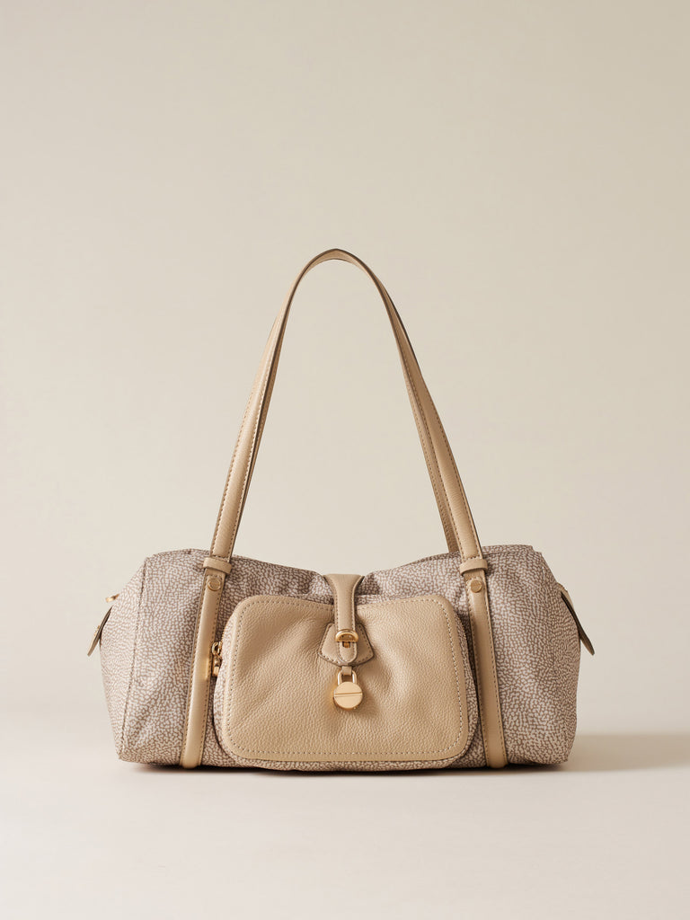 Op Recyled fabric and Leather Shoulder bag - POCHE BOWLER BAG MEDIUM - Borbonese