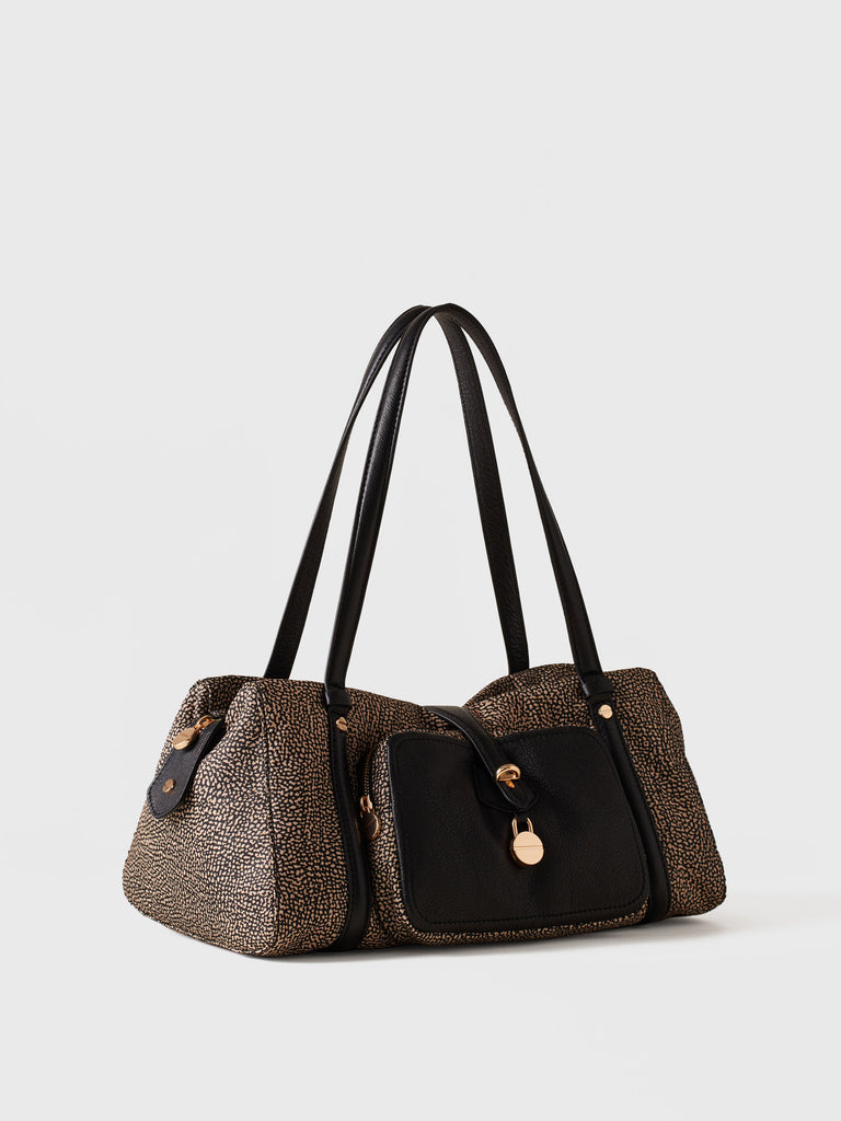 Op Recyled fabric and Leather Shoulder bag - POCHE BOWLER BAG MEDIUM - Borbonese