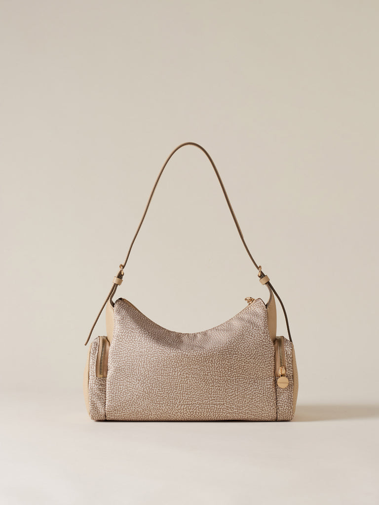 Borsa a spalla in tessuto riciclato Op e Pelle - POCHE BORSA HOBO MEDIUM - Borbonese