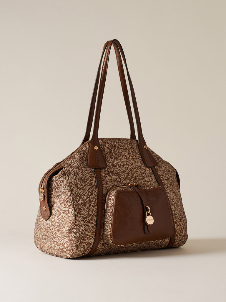 Op Recyled fabric and Leather Shoulder bag - POCHE SHOPPING BAG MEDIUM - Borbonese