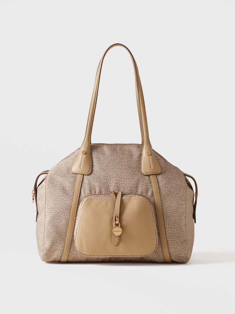 Op Recyled fabric and Leather Shoulder bag - POCHE SHOPPING BAG MEDIUM - Borbonese