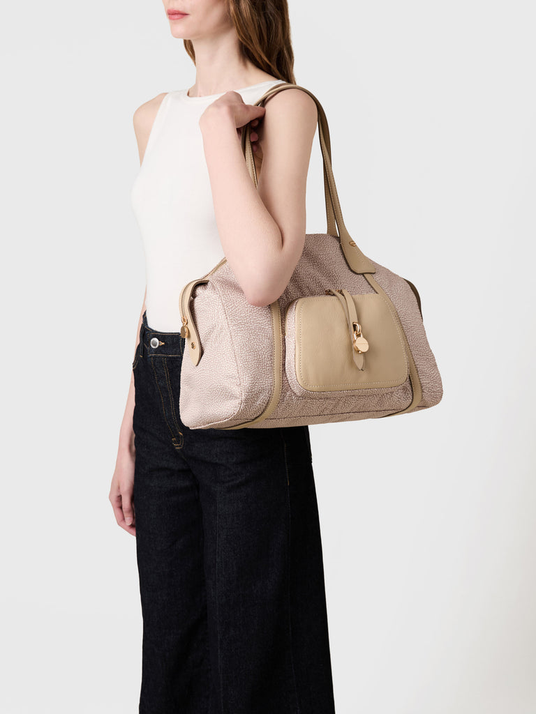 Op Recyled fabric and Leather Shoulder bag - POCHE SHOPPING BAG MEDIUM - Borbonese
