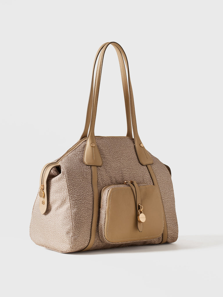 Op Recyled fabric and Leather Shoulder bag - POCHE SHOPPING BAG MEDIUM - Borbonese