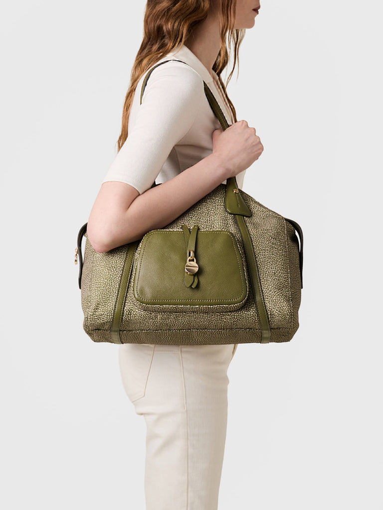 Op Recyled fabric and Leather Shoulder bag - POCHE SHOPPING BAG MEDIUM - Borbonese