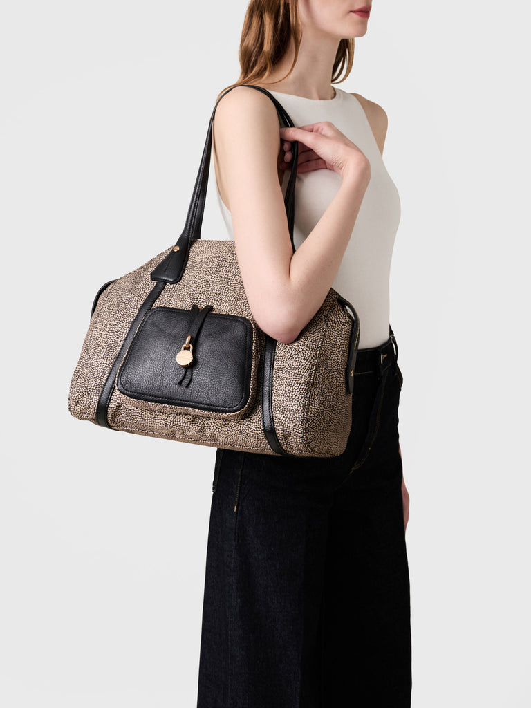 Op Recyled fabric and Leather Shoulder bag - POCHE SHOPPING BAG MEDIUM - Borbonese