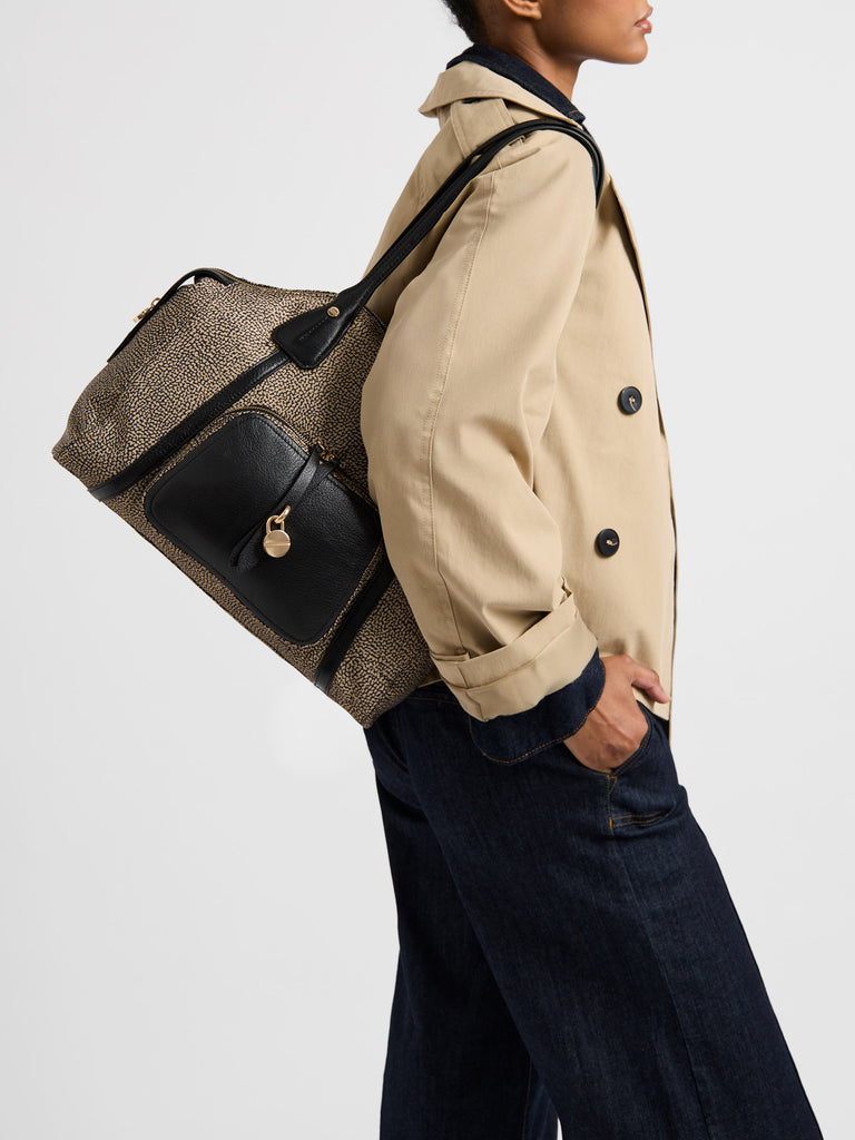 Op Recyled fabric and Leather Shoulder bag - POCHE SHOPPING BAG MEDIUM - Borbonese