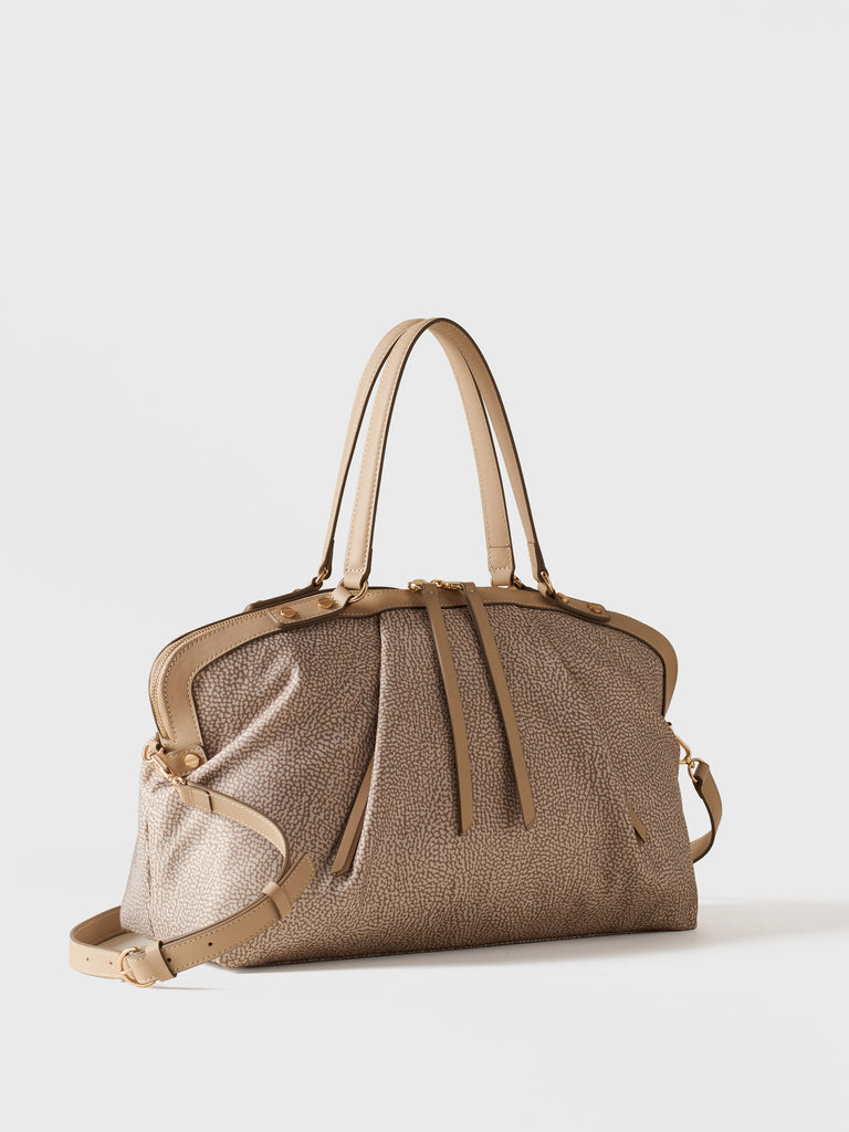 Op Recycled Fabric and Leather Shopping Bag - FRAME BOWLER BAG MEDIUM - Borbonese