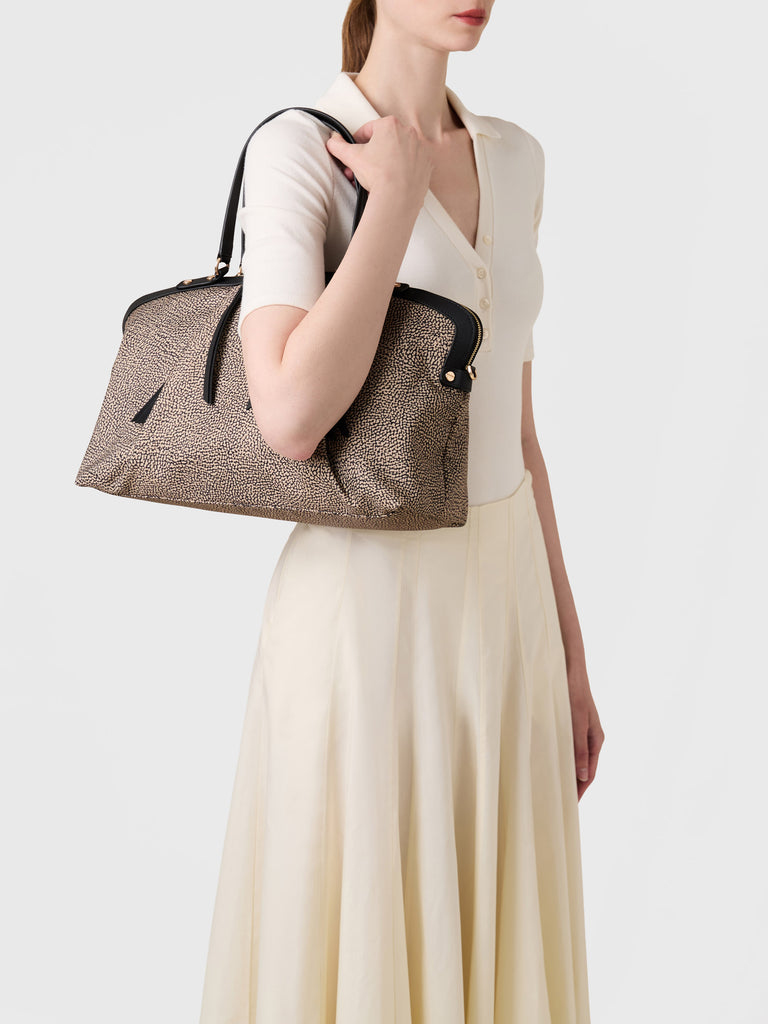 Op Recycled Fabric and Leather Shopping Bag - FRAME BOWLER BAG MEDIUM - Borbonese
