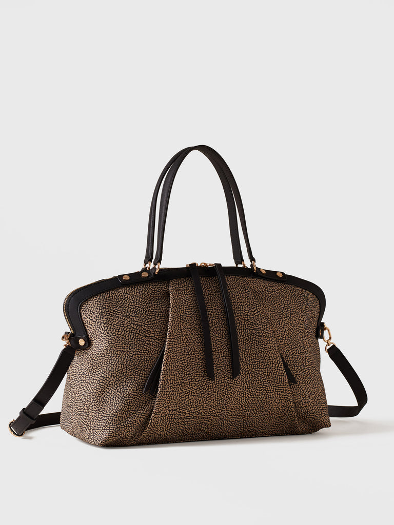 Op Recycled Fabric and Leather Shopping Bag - FRAME BOWLER BAG MEDIUM - Borbonese