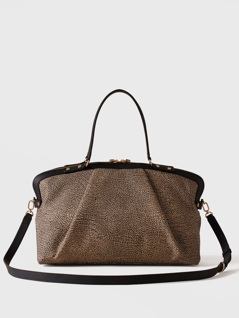 Op Recycled Fabric and Leather Shopping Bag - FRAME BOWLER BAG MEDIUM - Borbonese