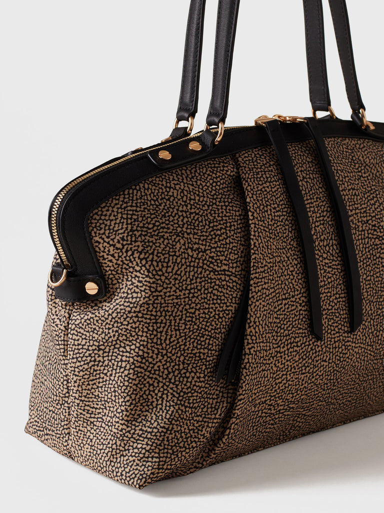 Op Recycled Fabric and Leather Shopping Bag - FRAME BOWLER BAG MEDIUM - Borbonese