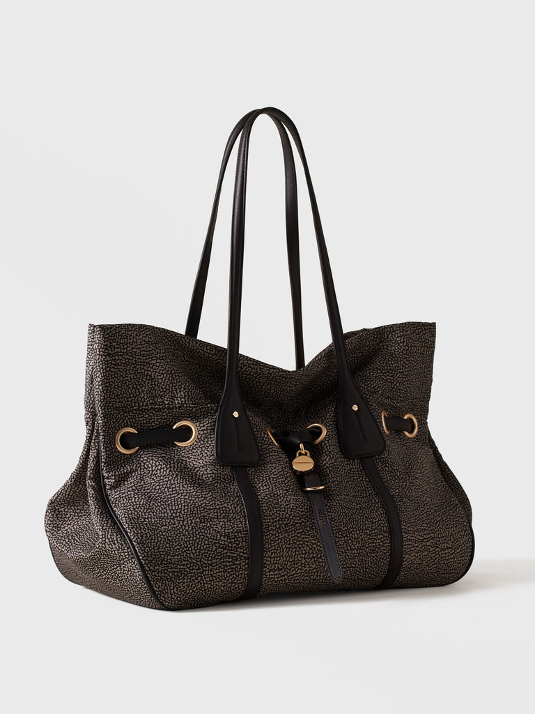Borsa a spalla in tessuto riciclato Op e pelle - PRIVE BORSA SHOPPING LARGE - Borbonese