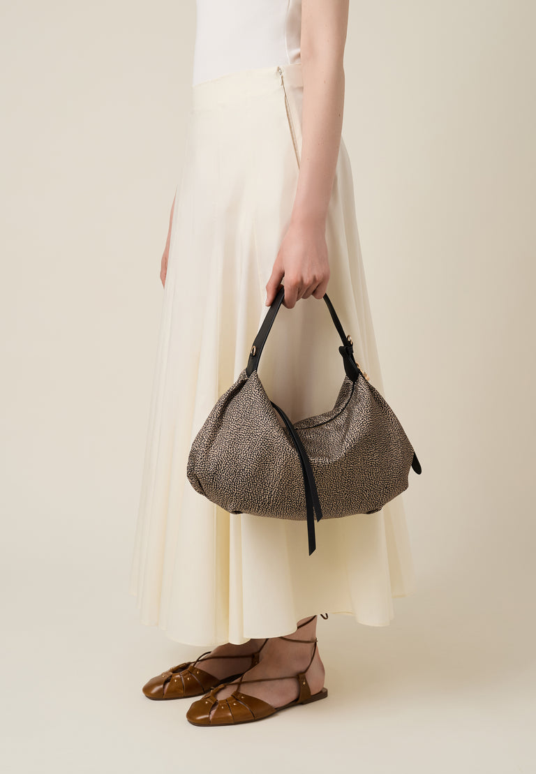 Op Recycled fabric and Leather Handbag - PRIVE HOBO BAG SMALL - Borbonese