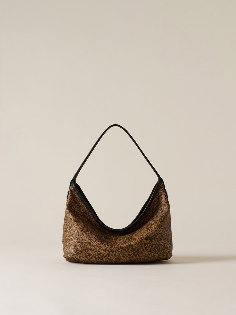Borsa a mano di Tela rivestita Op e Pelle - FLIGHT BORSA HOBO SMALL - Borbonese