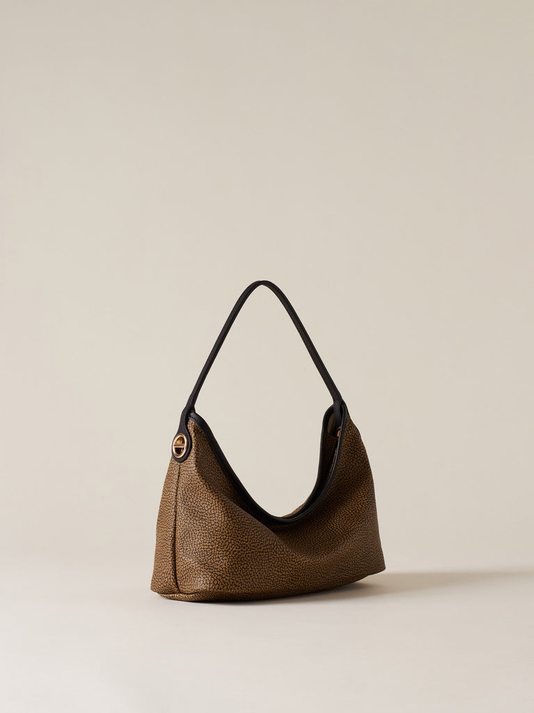 Borsa a mano di Tela rivestita Op e Pelle - FLIGHT BORSA HOBO SMALL - Borbonese