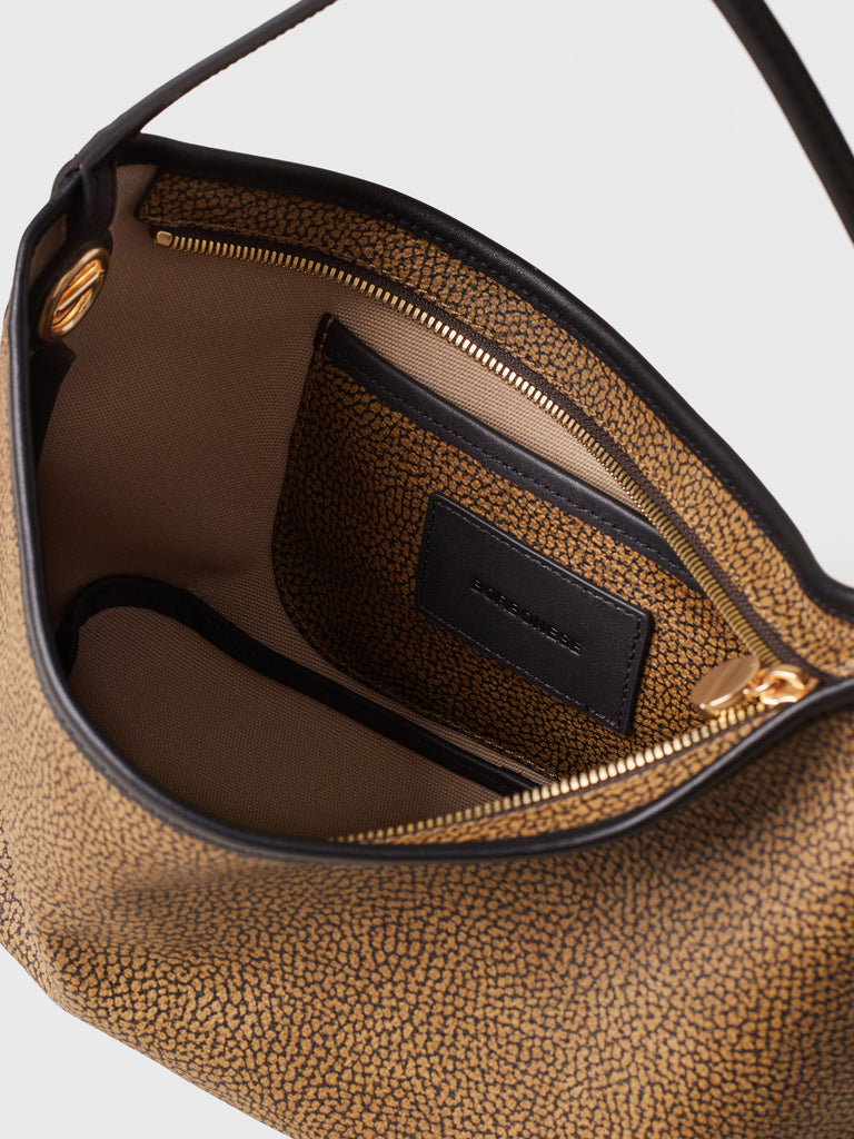 Borsa a mano di Tela rivestita Op e Pelle - FLIGHT BORSA HOBO SMALL - Borbonese
