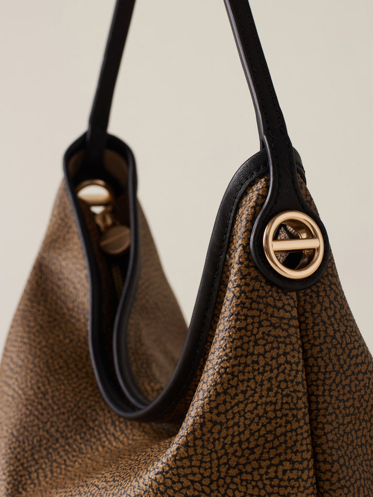 Borsa a mano di Tela rivestita Op e Pelle - FLIGHT BORSA HOBO SMALL - Borbonese
