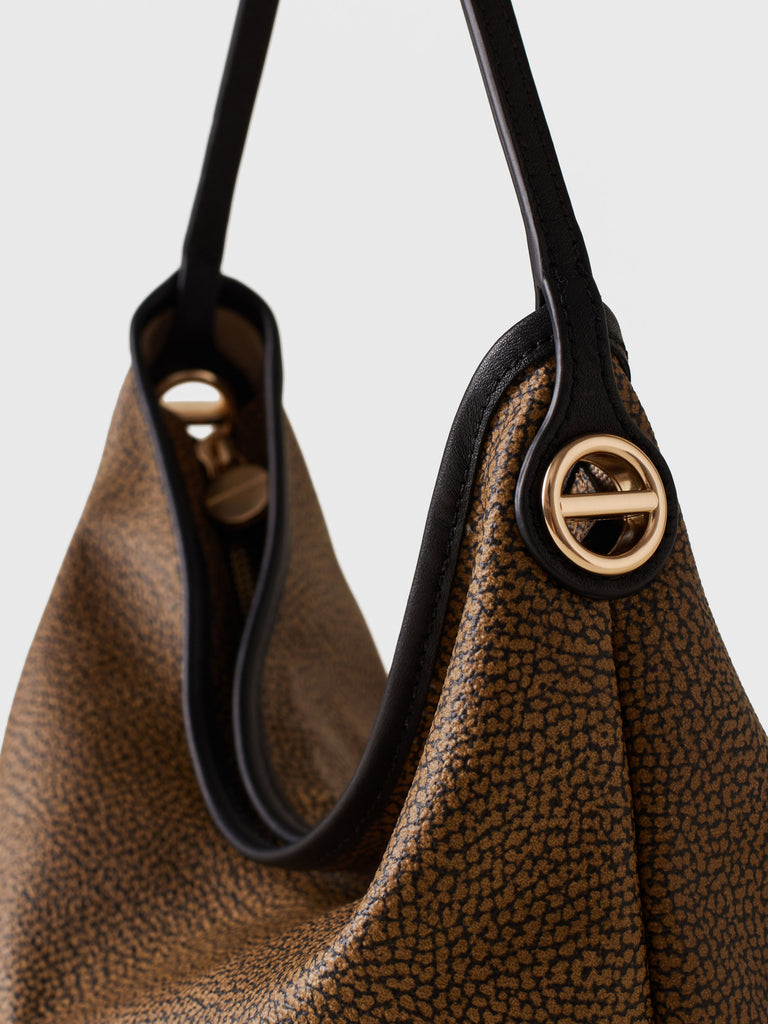 Borsa a mano di Tela rivestita Op e Pelle - FLIGHT BORSA HOBO SMALL - Borbonese