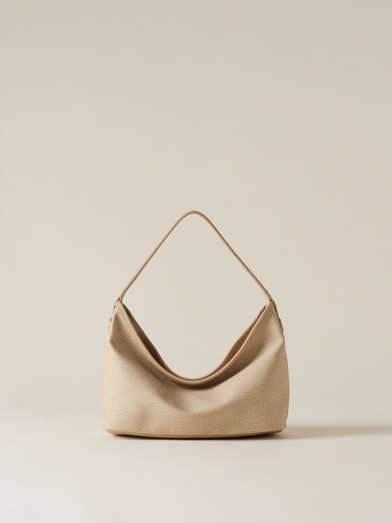 Borsa a mano di Tela rivestita Op e Pelle - FLIGHT BORSA HOBO SMALL - Borbonese