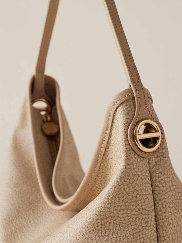 Borsa a mano di Tela rivestita Op e Pelle - FLIGHT BORSA HOBO SMALL - Borbonese