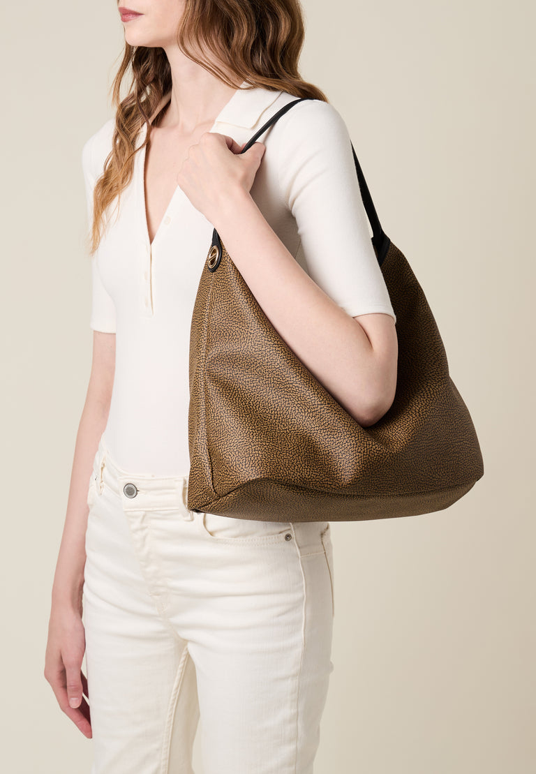 Op Coated Canvas and Leather Shoulder bag - FLIGHT HOBO BAG MEDIUM - Borbonese
