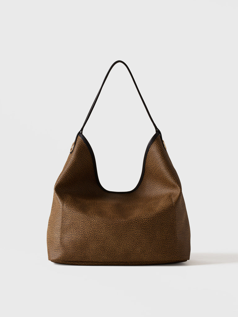 Borsa a spalla di Tela rivestita Op e Pelle - FLIGHT BORSA HOBO MEDIUM - Borbonese