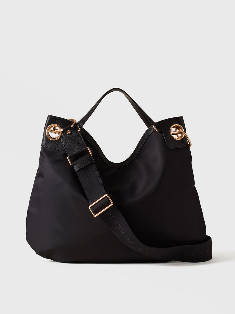 Fabric and Leather Shoulder bag - LONDON Large Hobo Bag - Borbonese