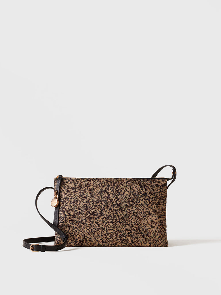Shoulder bag in stamoa Op fabric and leather - POCHE MEDIUM CROSSOVERS - Borbonese