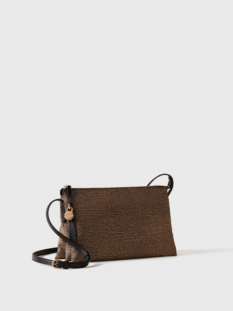 Shoulder bag in stamoa Op fabric and leather - POCHE MEDIUM CROSSOVERS - Borbonese