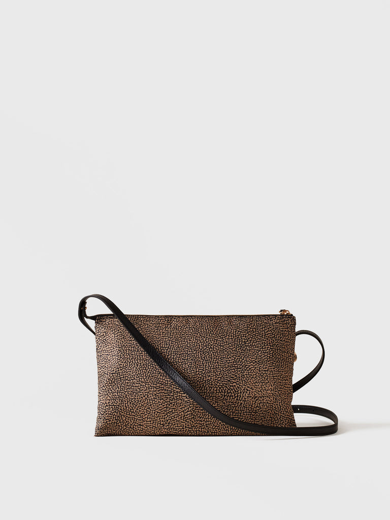 Shoulder bag in stamoa Op fabric and leather - POCHE MEDIUM CROSSOVERS - Borbonese