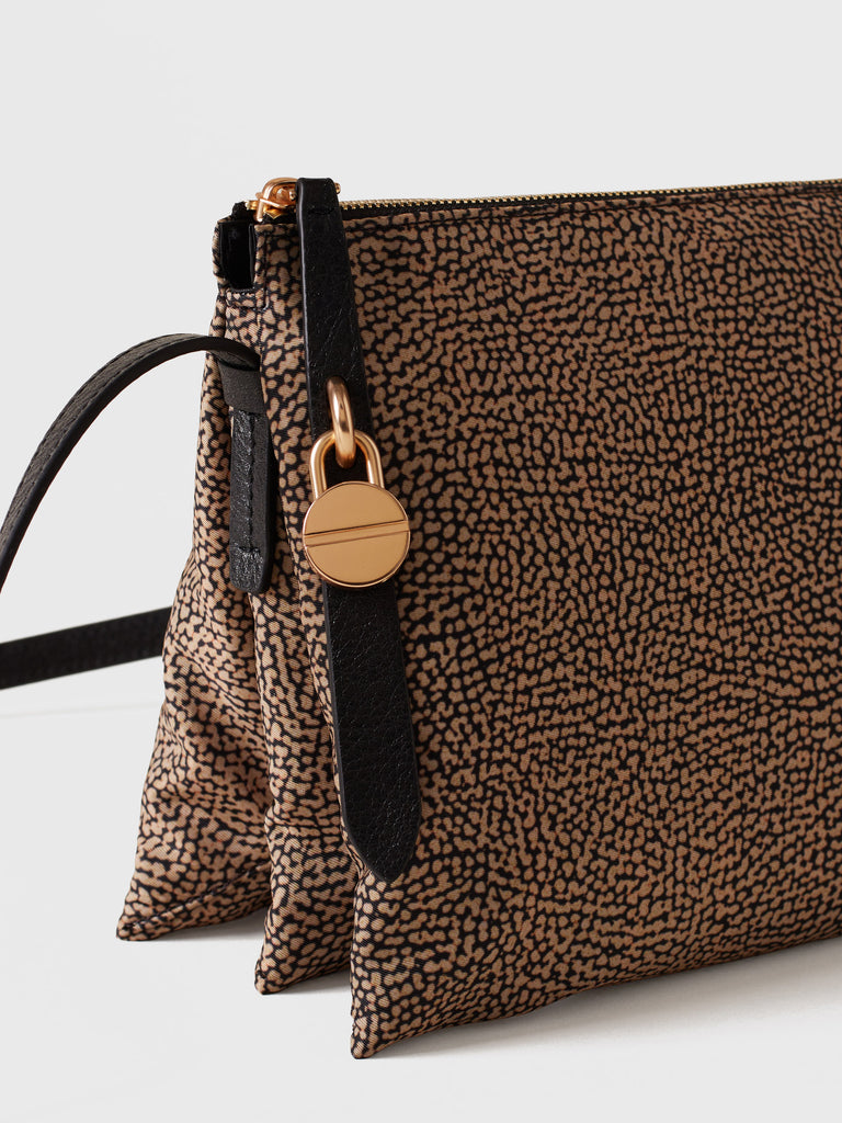 Shoulder bag in stamoa Op fabric and leather - POCHE MEDIUM CROSSOVERS - Borbonese