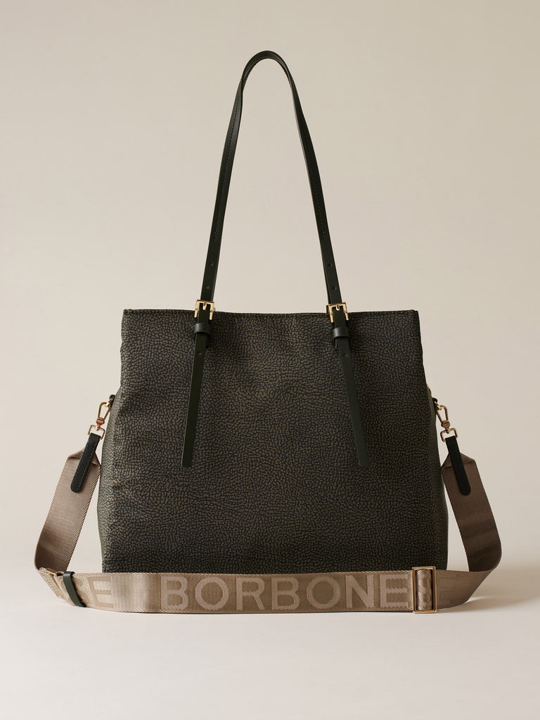 Borsa a spalla di tessuto riciclato OP e Pelle - L'ECOLE BORSA SHOPPING   - Borbonese