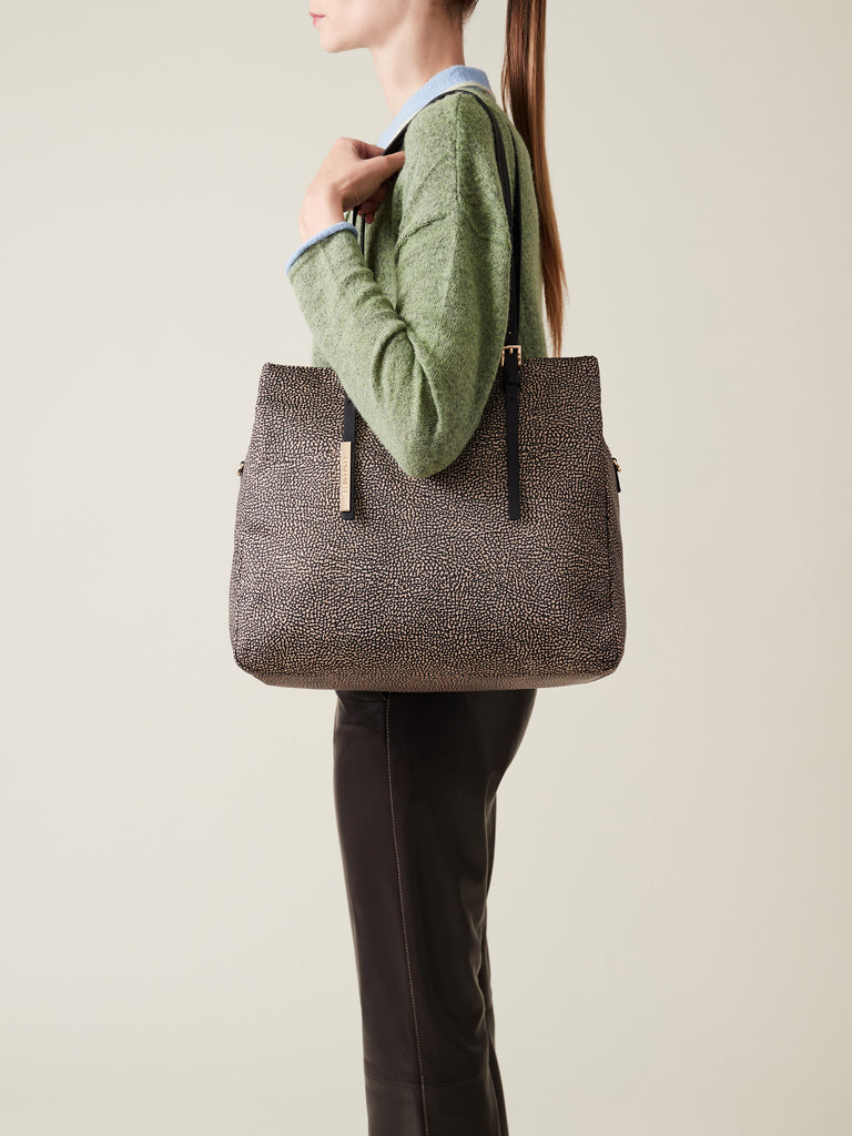 Borsa a spalla di tessuto riciclato OP e Pelle - L'ECOLE BORSA SHOPPING   - Borbonese