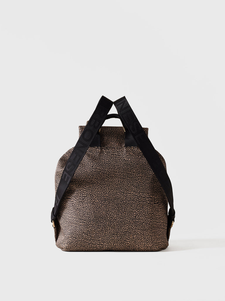 OP printed recycled fabric and Leather backpack - ECO LINE BACKPACK MEDIUM - Borbonese