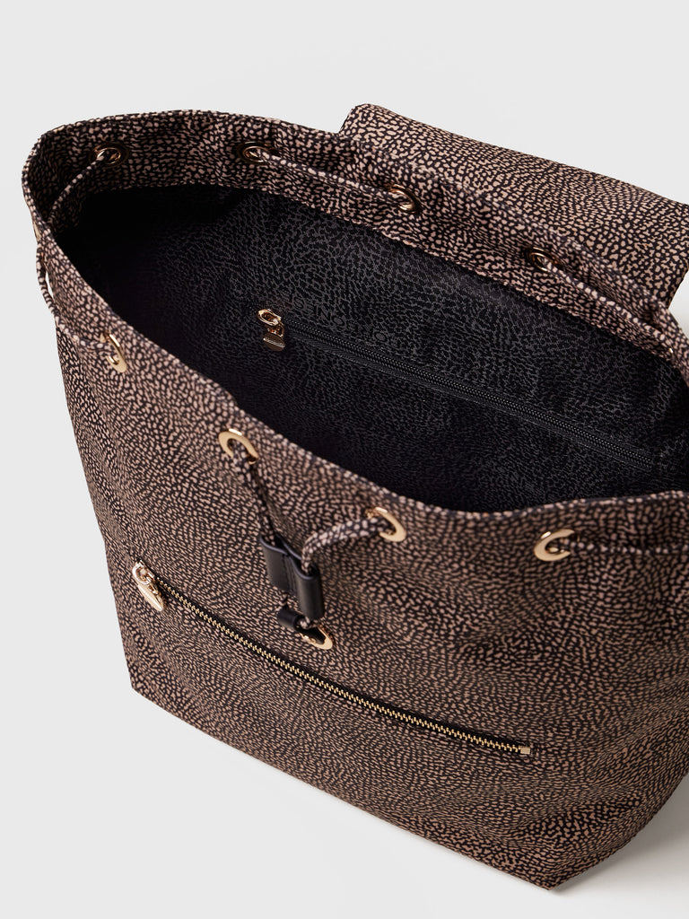 OP printed recycled fabric and Leather backpack - ECO LINE BACKPACK MEDIUM - Borbonese